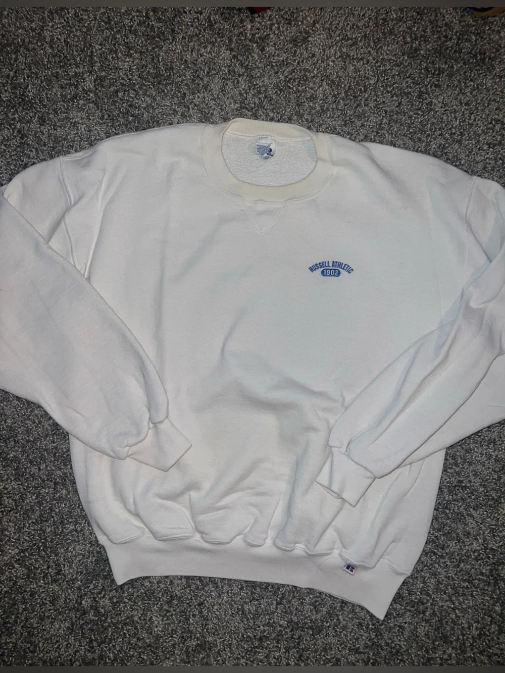 Russell Athletic White Crewneck Sweatshirt with Blue Logo